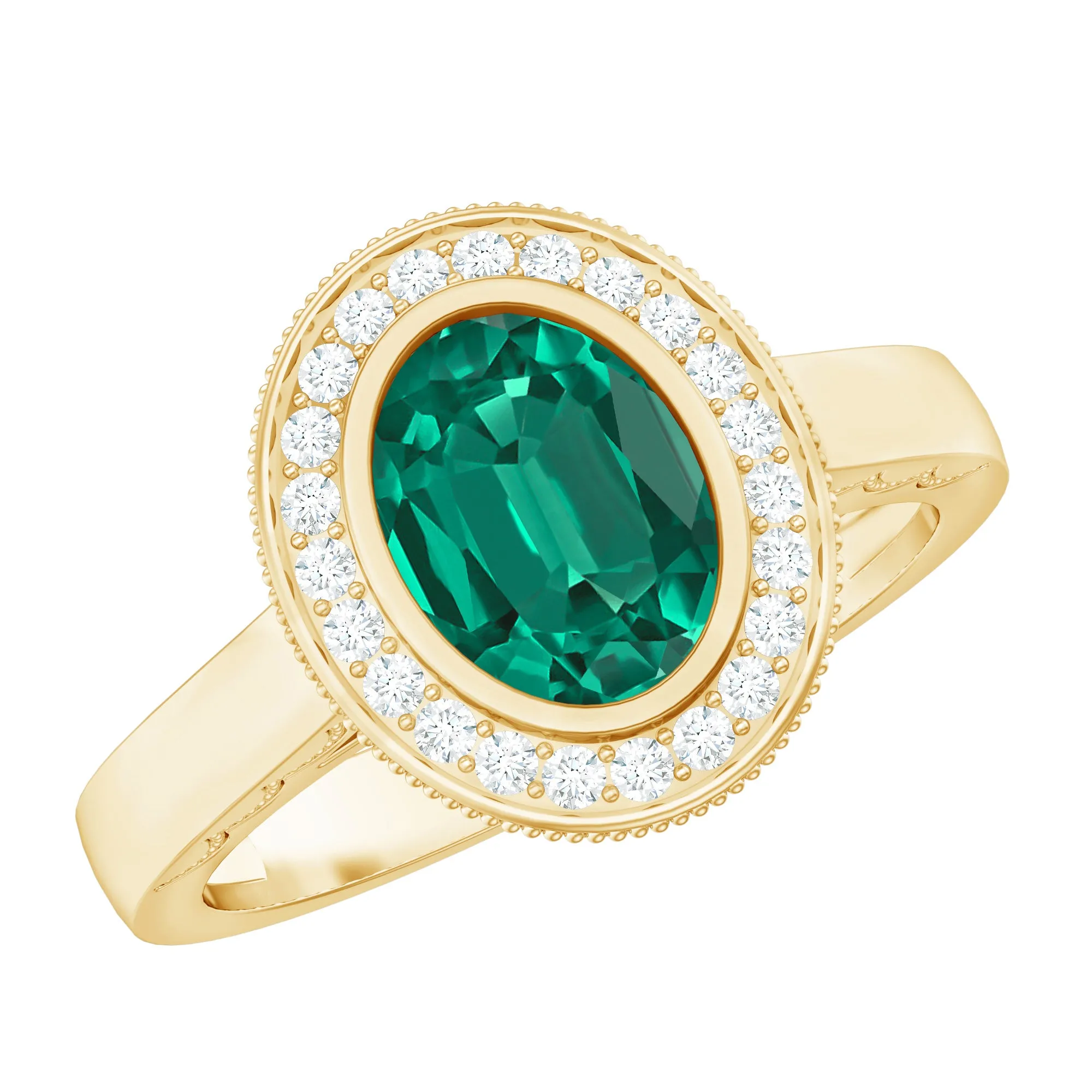 Oval Lab Grown Emerald and Diamond Halo Engagement Ring