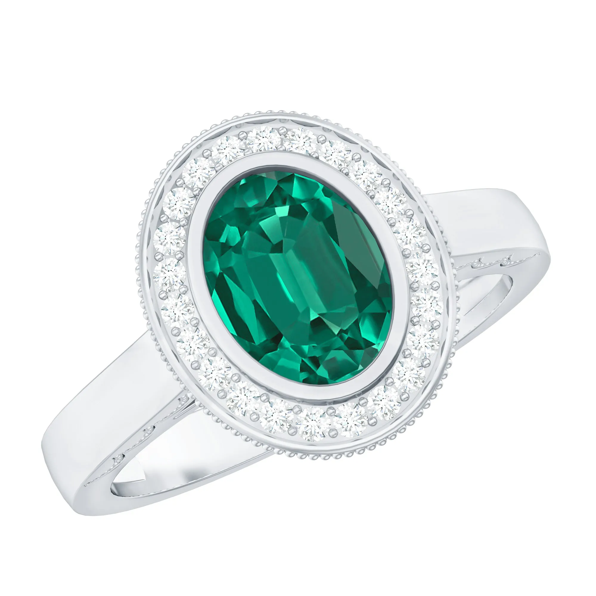 Oval Lab Grown Emerald and Diamond Halo Engagement Ring