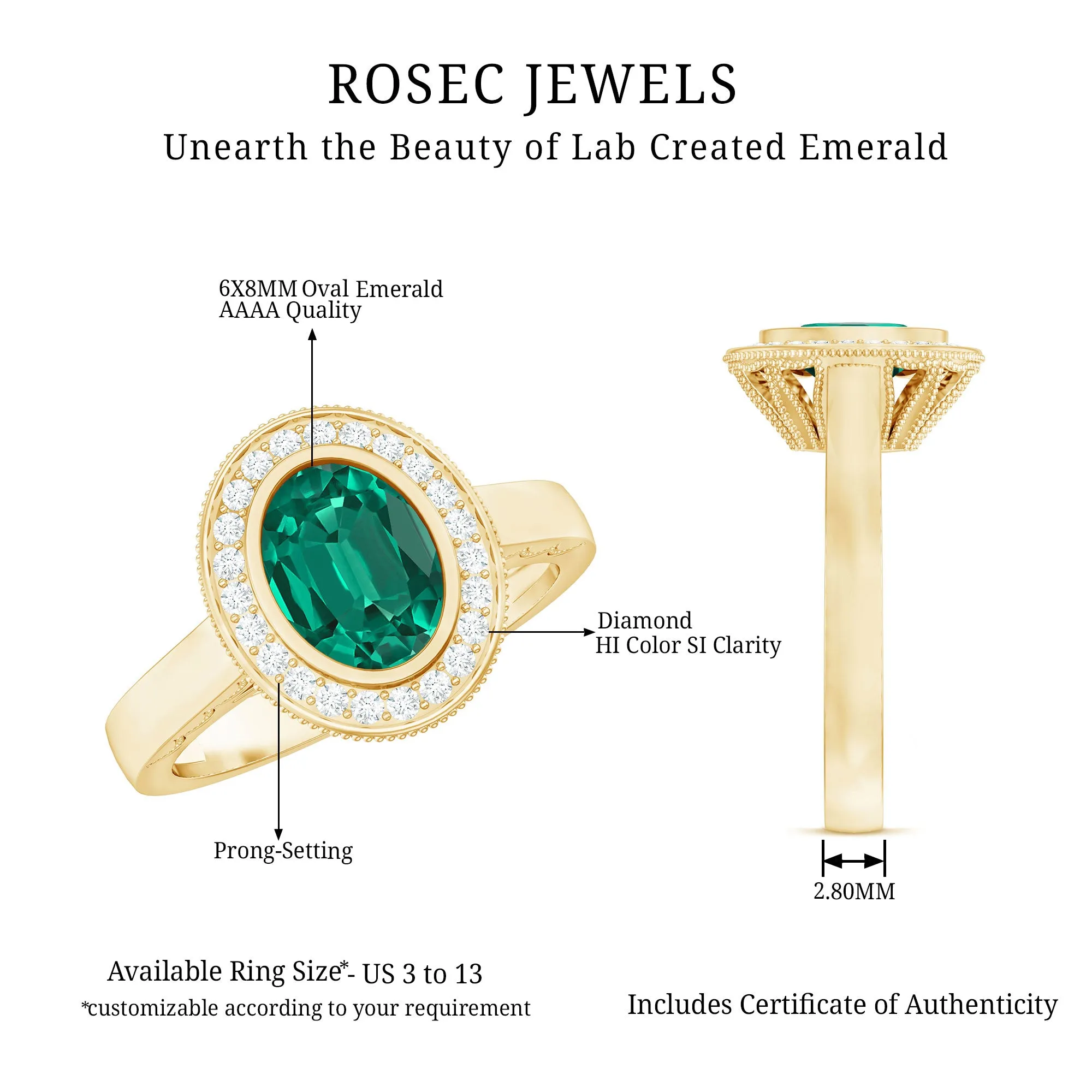 Oval Lab Grown Emerald and Diamond Halo Engagement Ring