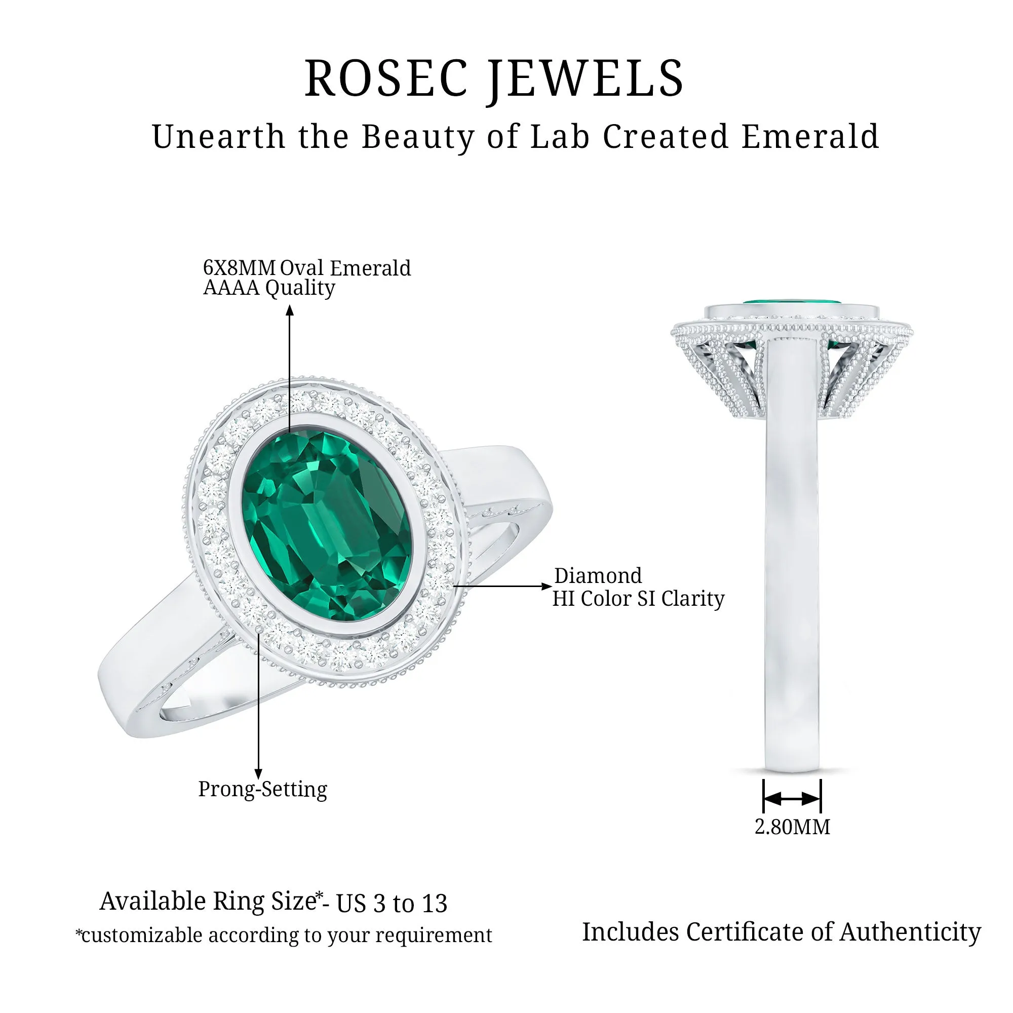 Oval Lab Grown Emerald and Diamond Halo Engagement Ring
