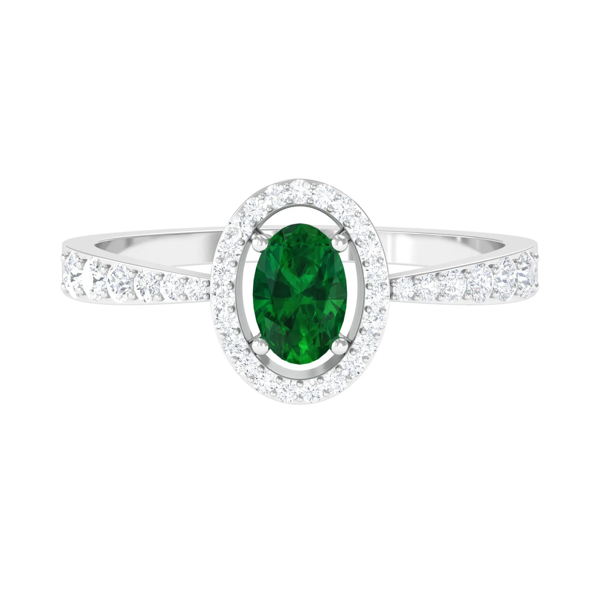 Oval shape Emerald and Diamond Halo Engagement Ring
