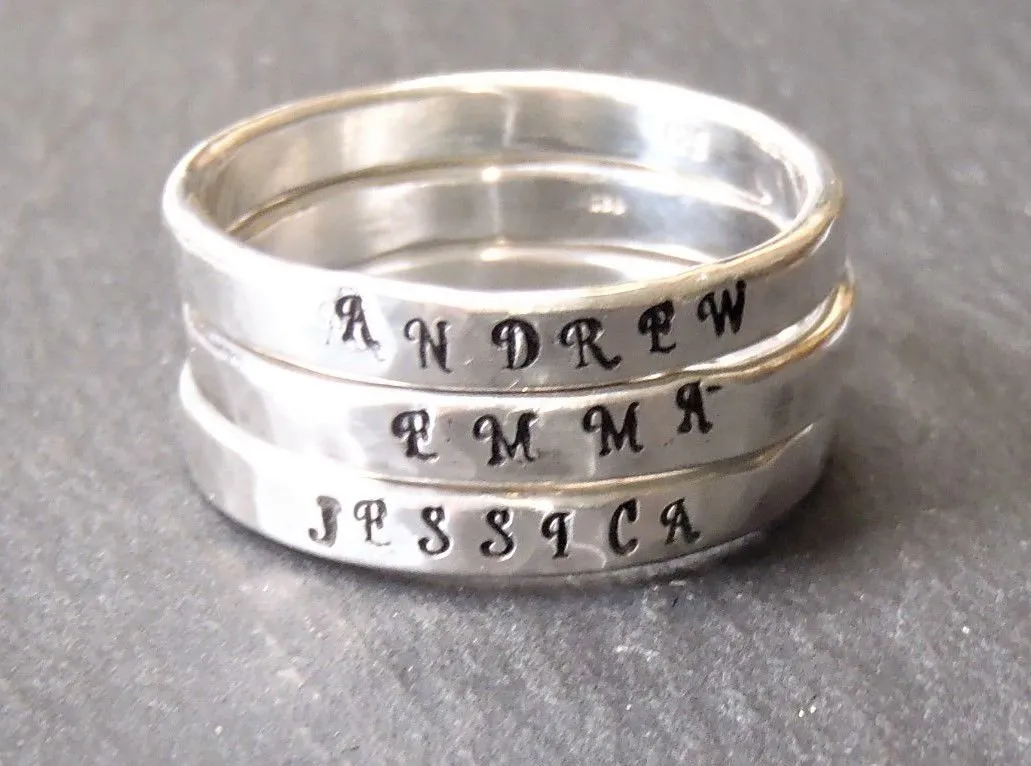 Personalized Stacking name rings for mom in sterling silver