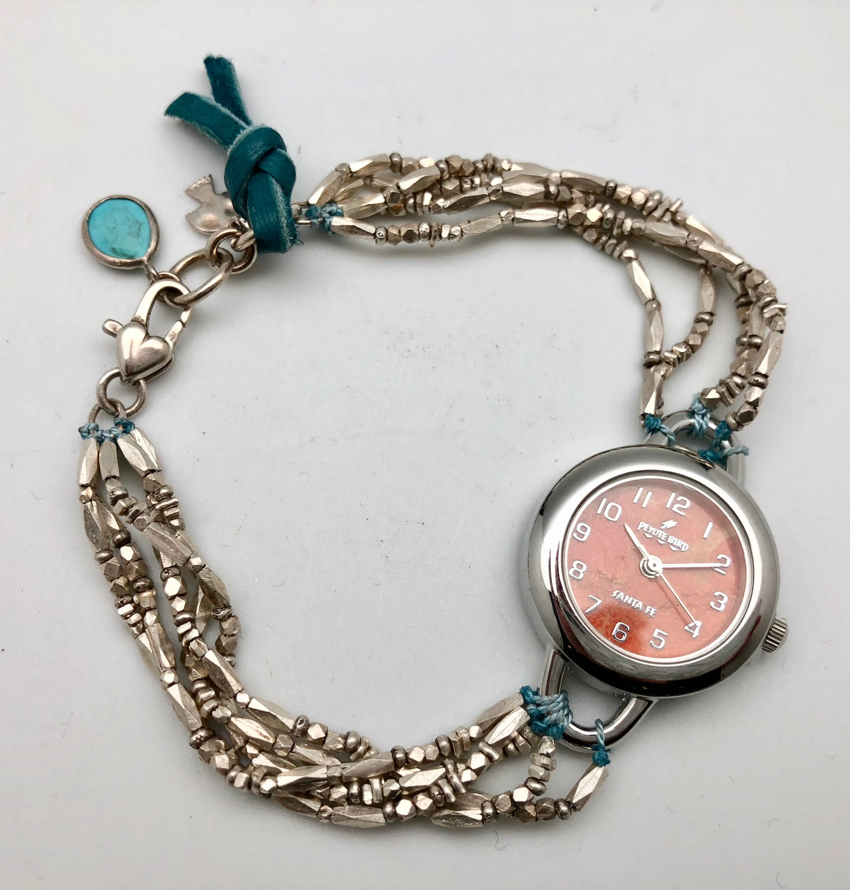 Peyote Bird Coral Face Watch with Thai Silver Bead Bracelet Band