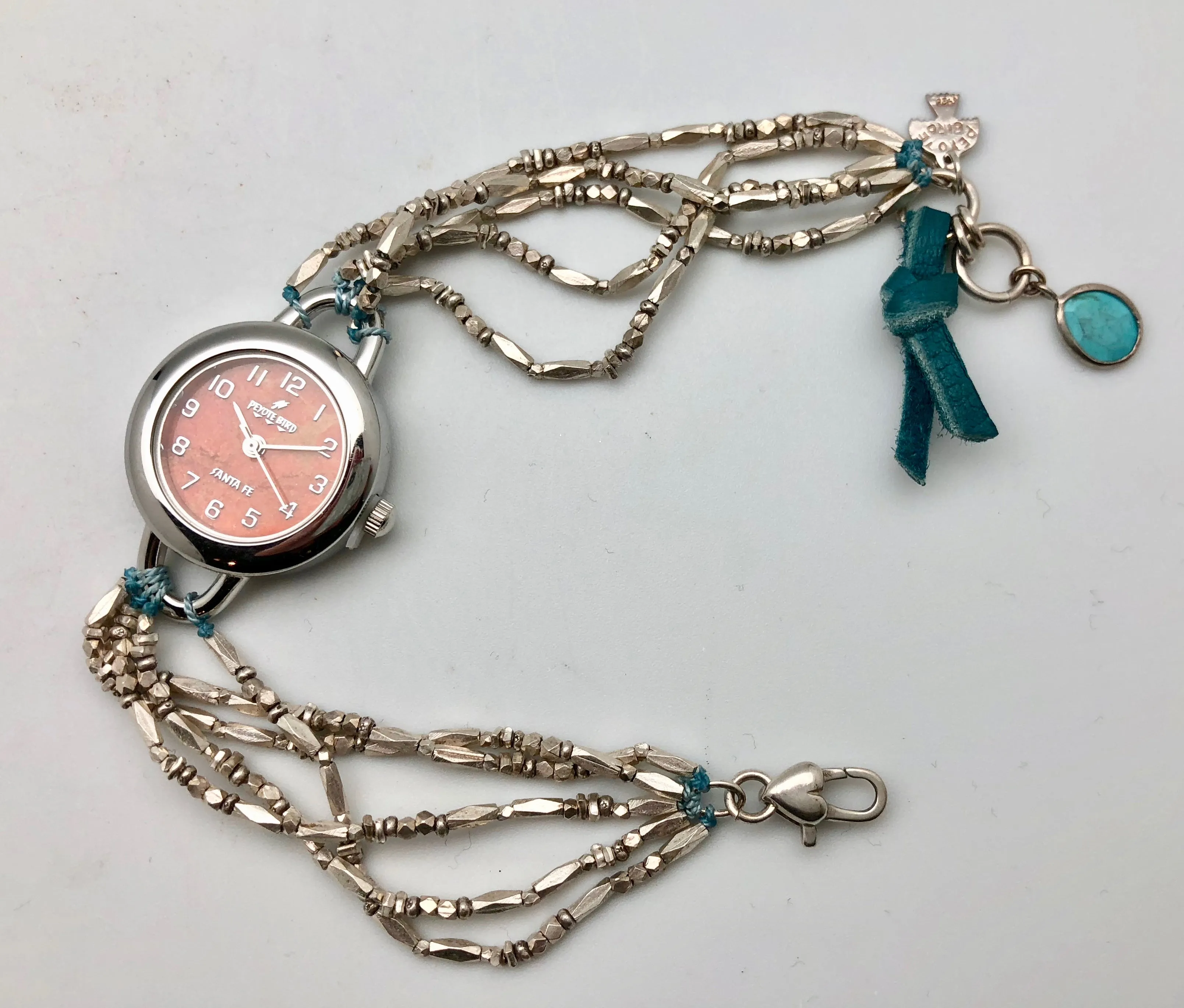 Peyote Bird Coral Face Watch with Thai Silver Bead Bracelet Band