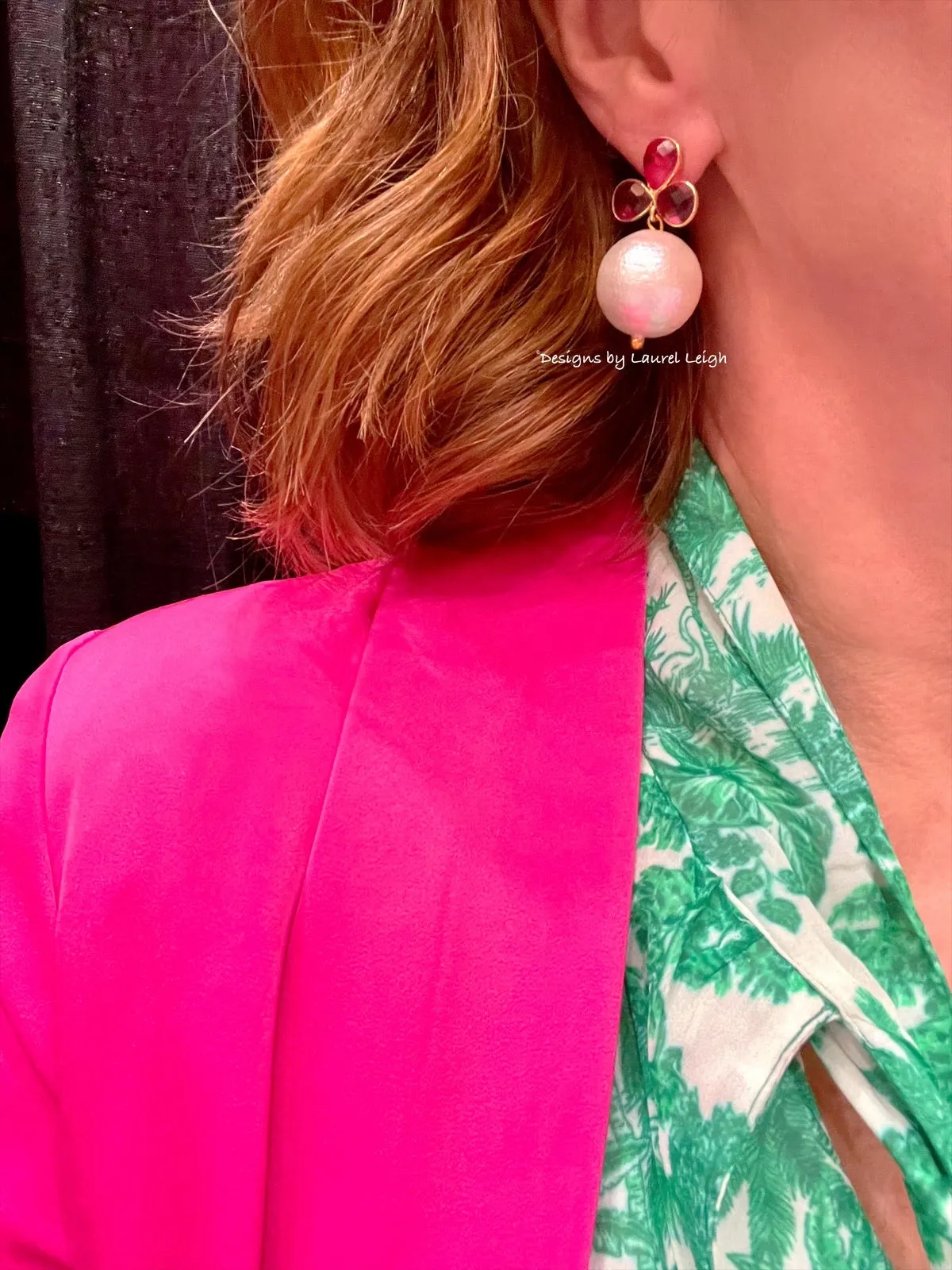 Pink Gemstone Pearl Drop Earrings