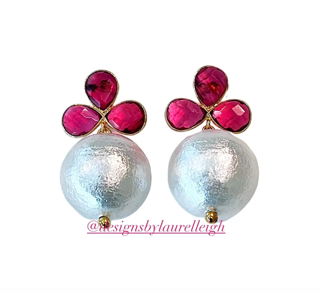 Pink Gemstone Pearl Drop Earrings