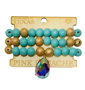 Pink Panache 3-Strand Turquoise Wood and Gold Bead Bracelet with Large AB Teardrop Charm