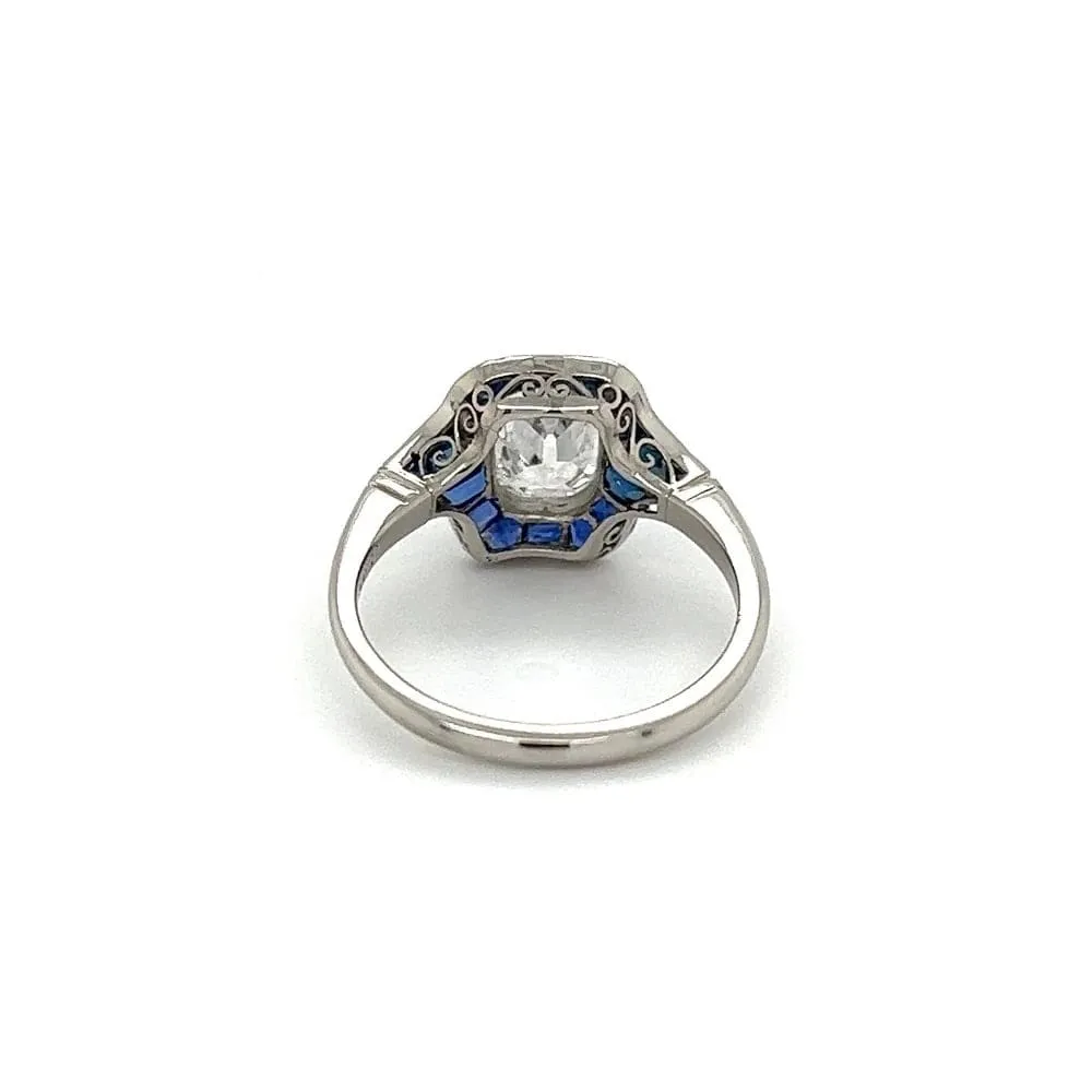Platinum Ring With Old Miner Cut Cushion Diamond and Sapphires at Regard Jewelry in Austin, Texas