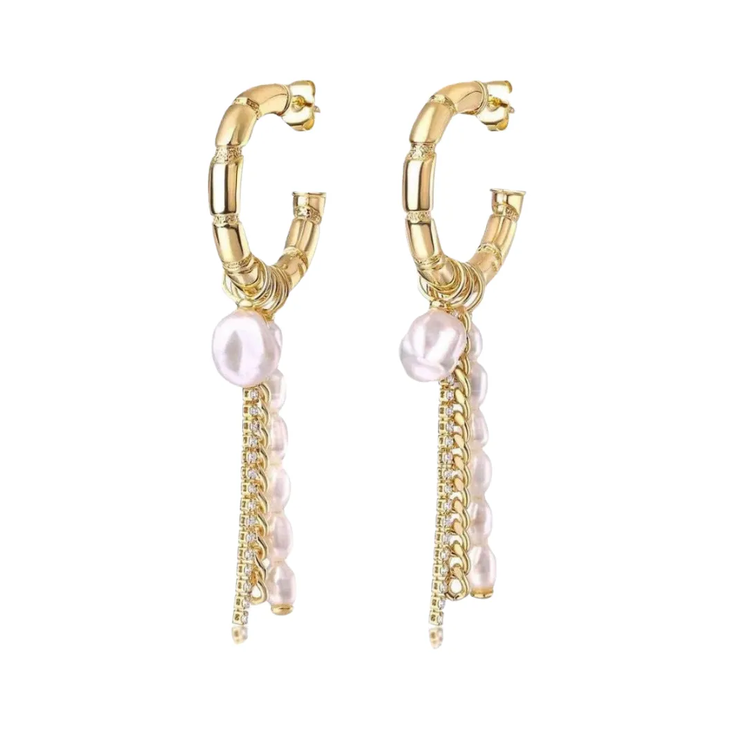 Pre Order:  Vintage Pearl Pendant Zircon Fringe Earrings