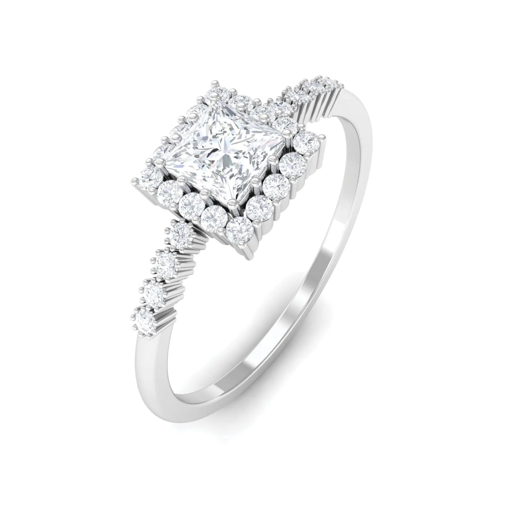 Princess Cut Moissanite Engagement Ring with Halo and Side Stones