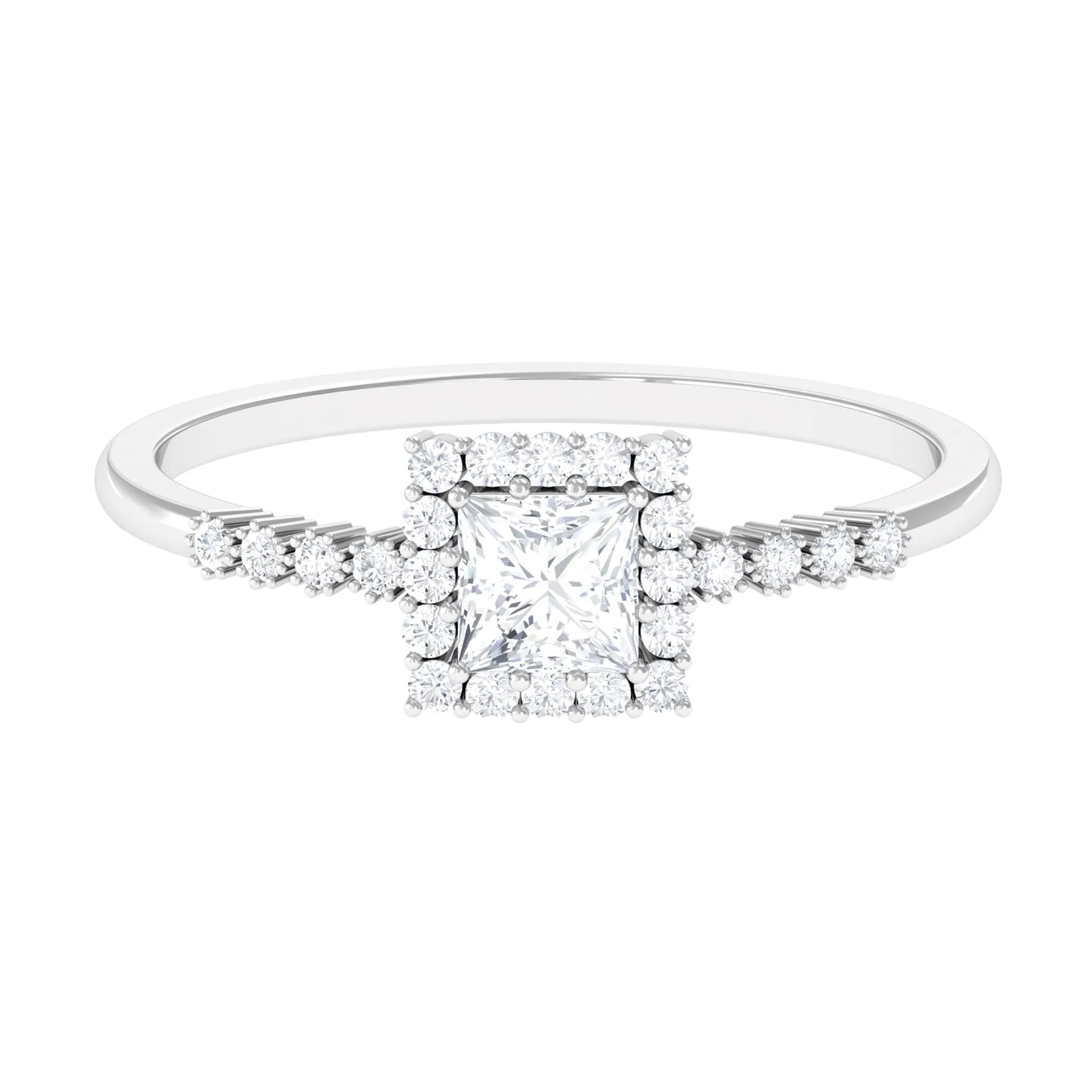 Princess Cut Moissanite Engagement Ring with Halo and Side Stones