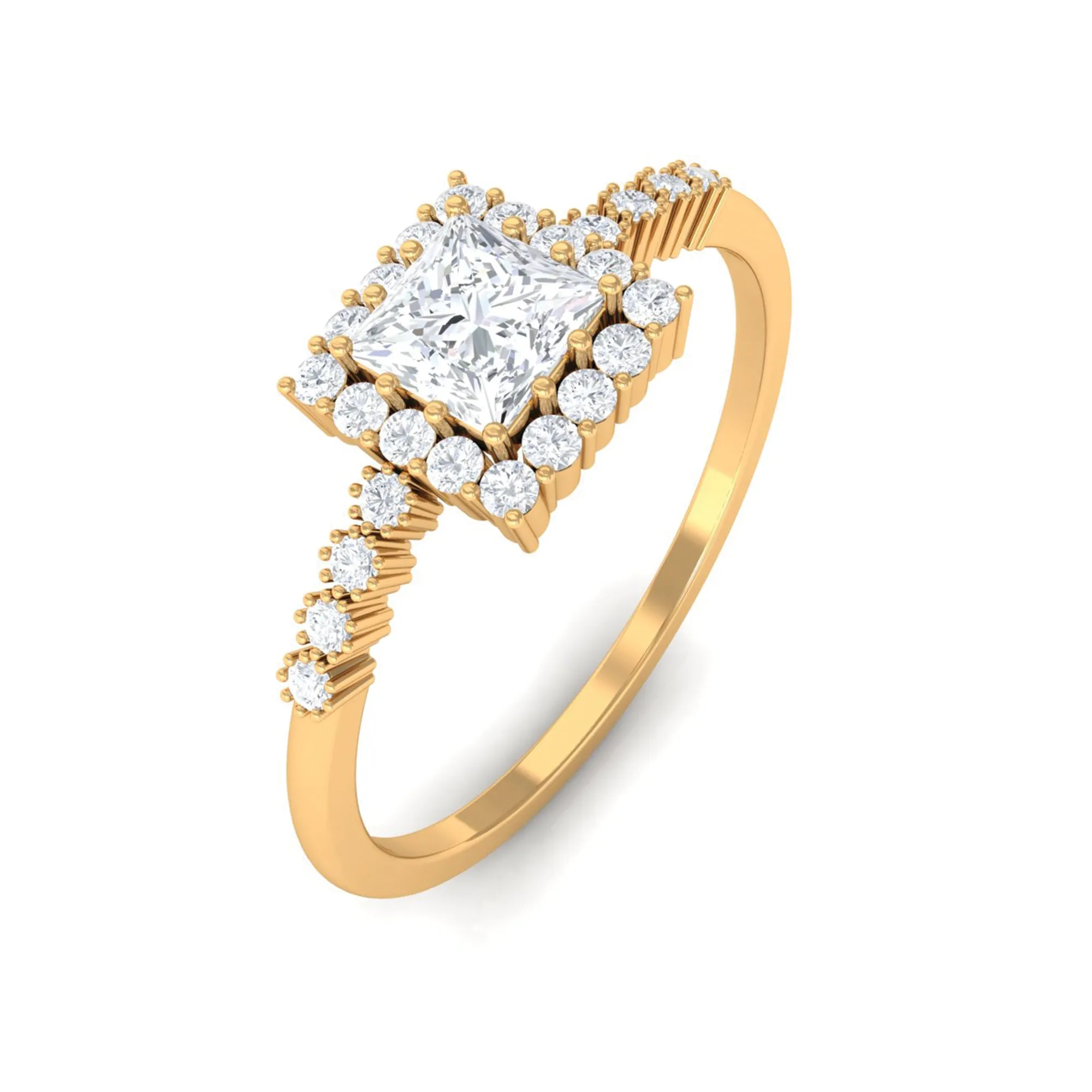 Princess Cut Moissanite Engagement Ring with Halo and Side Stones
