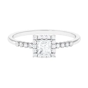 Princess Cut Moissanite Engagement Ring with Halo and Side Stones