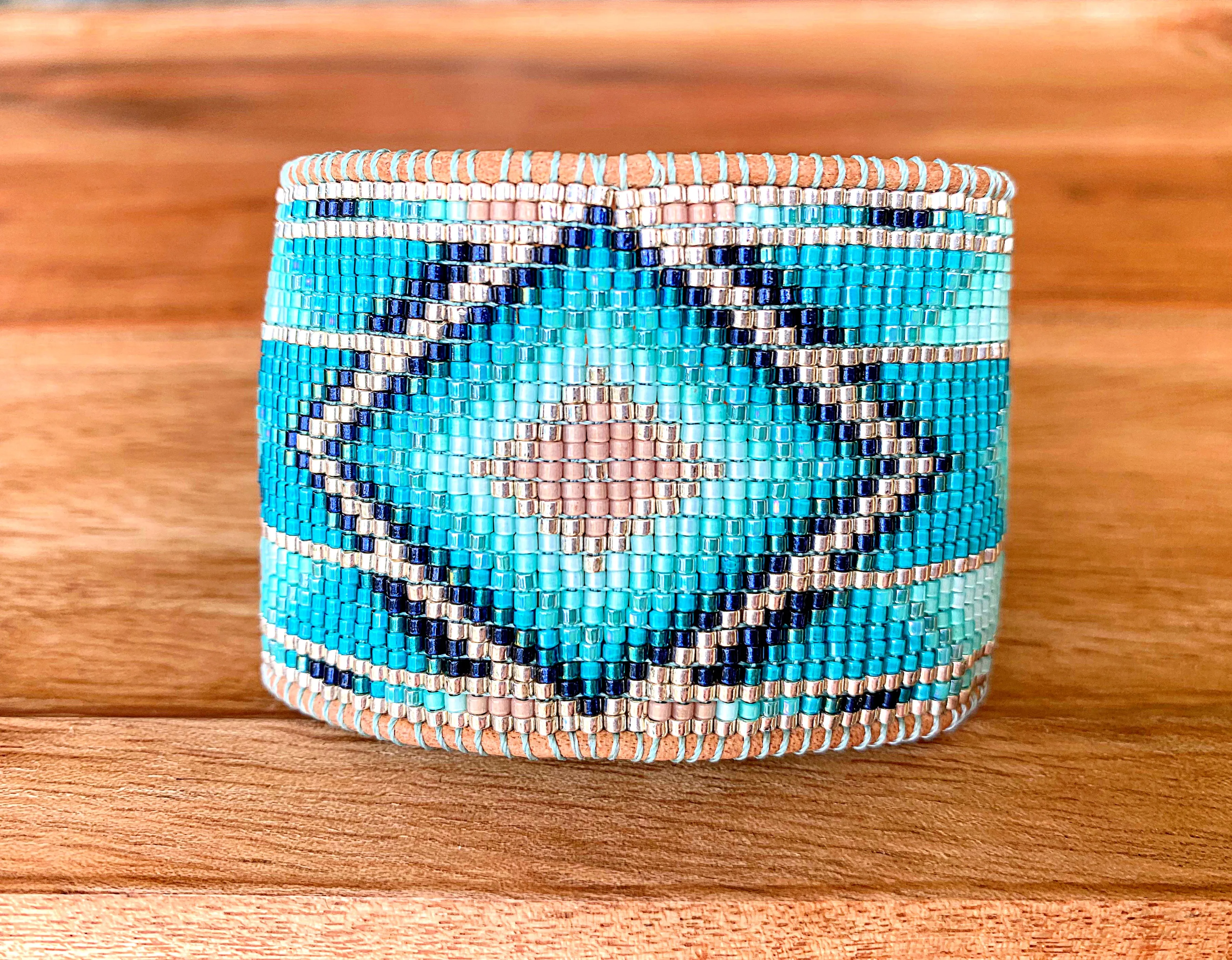 Purple and Gold Bead Loom Woven Wide Beaded Cuff Bracelet