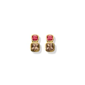 Qin & Han Earrings 18ct Yellow Gold - Rhodolite Garnet & Smoky Quartz