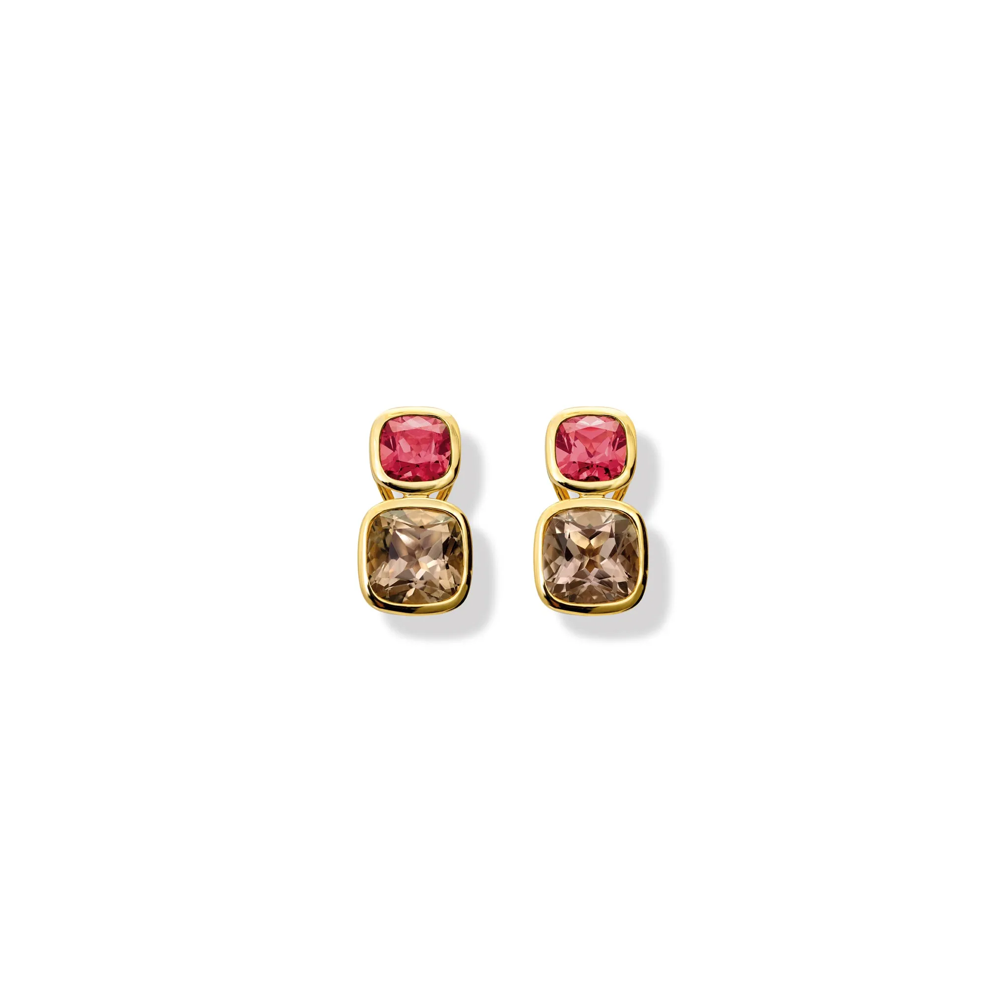 Qin & Han Earrings 18ct Yellow Gold - Rhodolite Garnet & Smoky Quartz