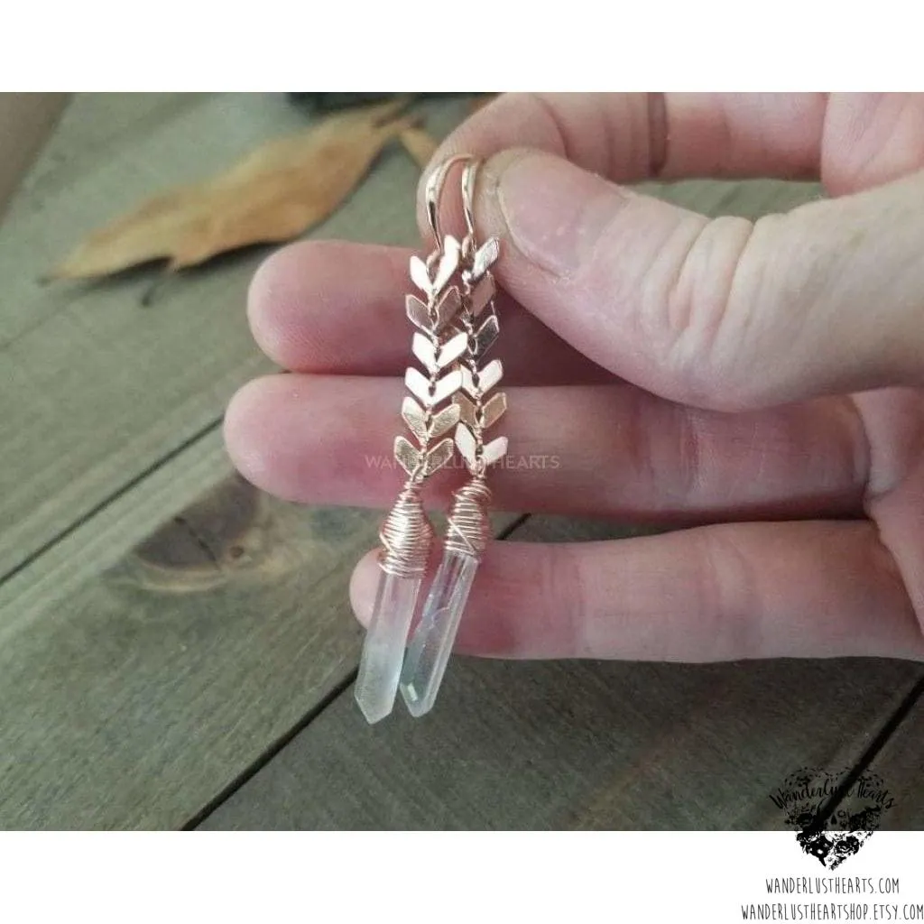 Quartz rose gold chevron earrings