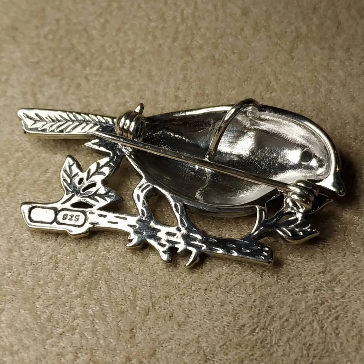Red Enamel Robin Brooch Silver Marcasite
