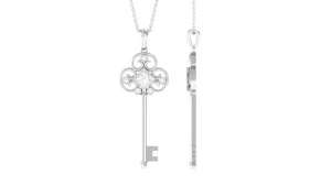 Round and Princess Cut Moissanite Key Pendant Necklace in Bezel Set