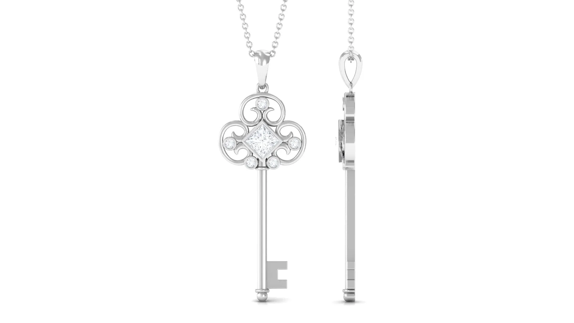 Round and Princess Cut Moissanite Key Pendant Necklace in Bezel Set