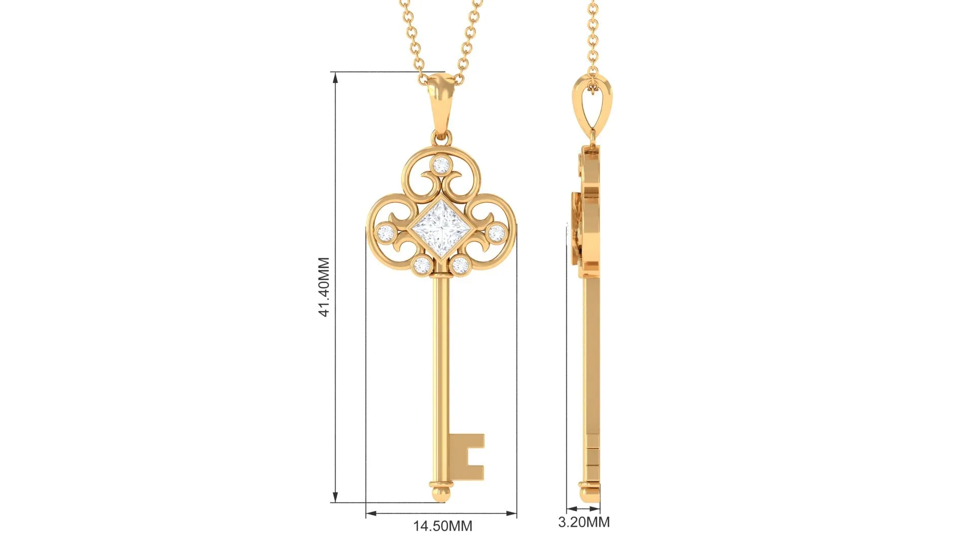 Round and Princess Cut Moissanite Key Pendant Necklace in Bezel Set