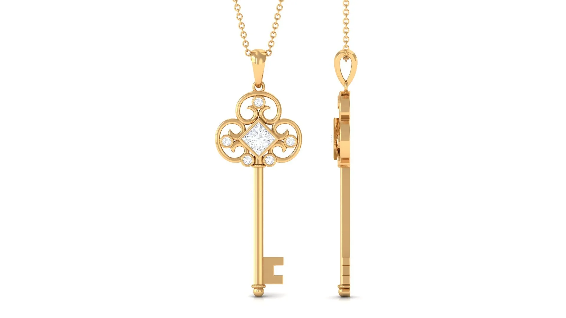 Round and Princess Cut Moissanite Key Pendant Necklace in Bezel Set