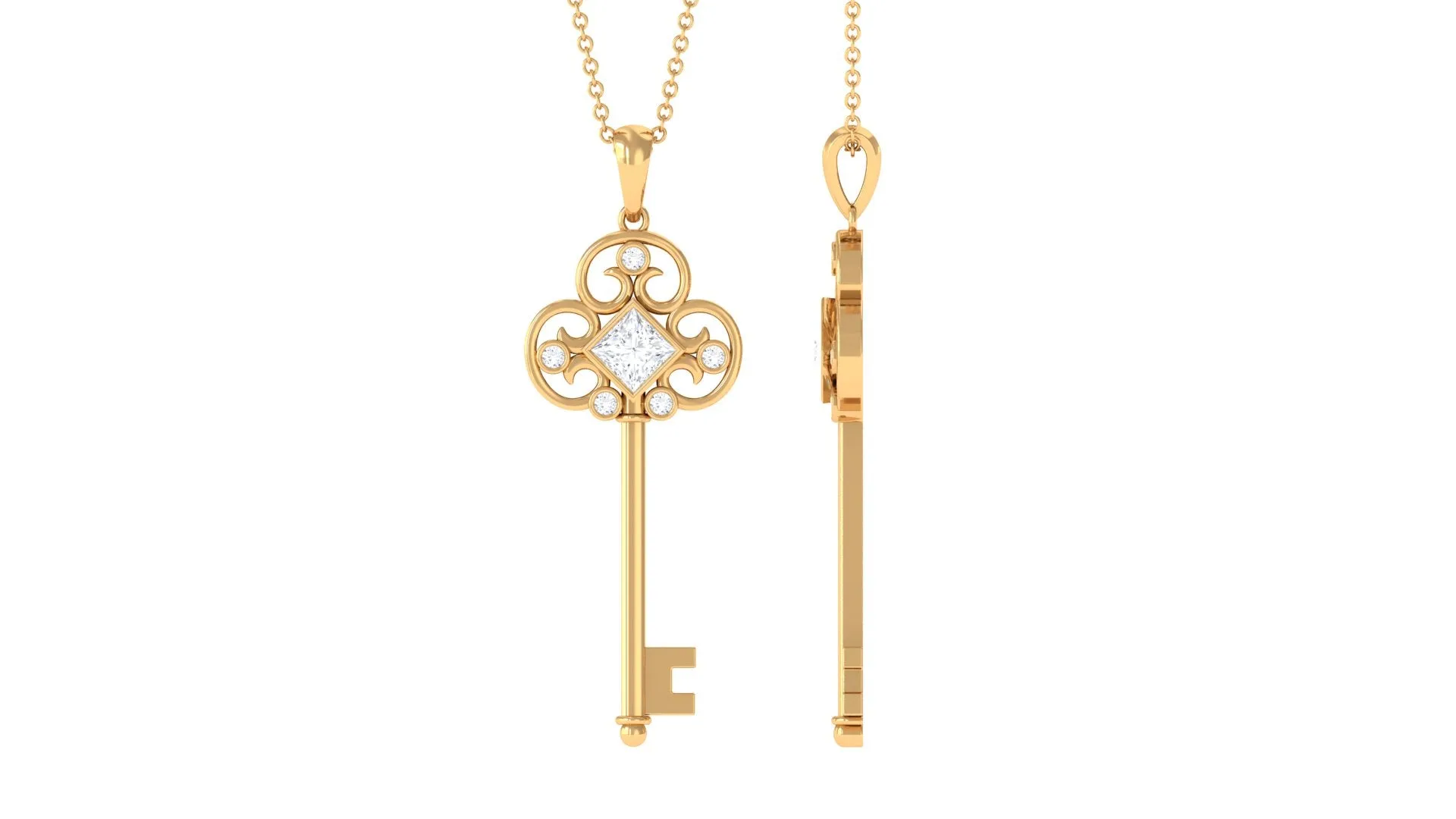 Round and Princess Cut Moissanite Key Pendant Necklace in Bezel Set
