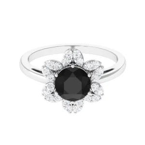 Round Black Onyx Flower Engagement Ring with Diamond