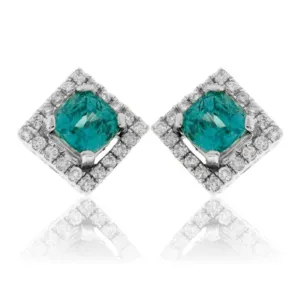 Round Blue Zircon & Diamond Square Halo Stud Post Earrings