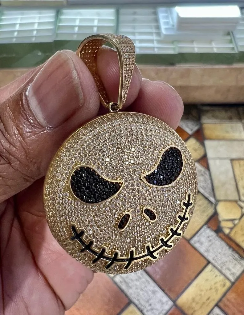 Round Cut CZ Jack Skellington Pendant For Men Unisex, Hip Hop Pendant 14k Yellow Gold Pendant, Halloween Pendant, Evil Face Iced Out Pendant