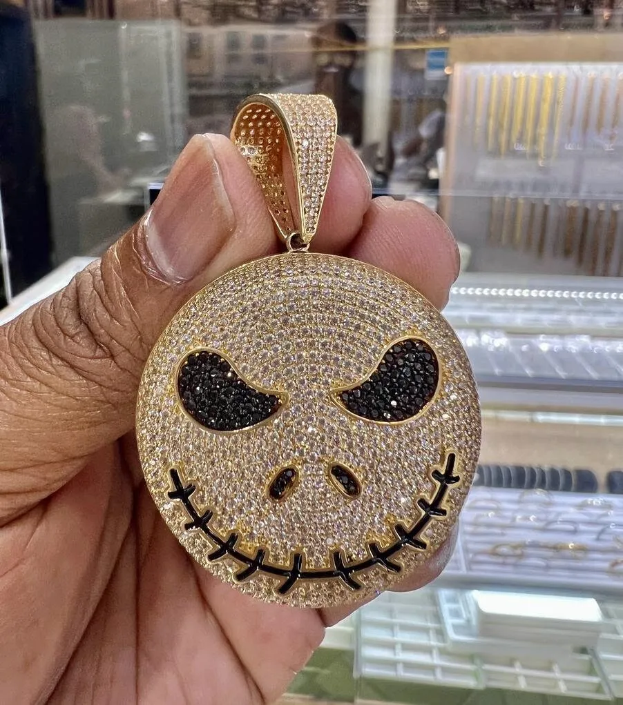 Round Cut CZ Jack Skellington Pendant For Men Unisex, Hip Hop Pendant 14k Yellow Gold Pendant, Halloween Pendant, Evil Face Iced Out Pendant