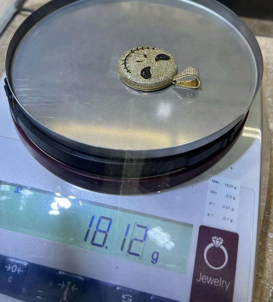 Round Cut CZ Jack Skellington Pendant For Men Unisex, Hip Hop Pendant 14k Yellow Gold Pendant, Halloween Pendant, Evil Face Iced Out Pendant