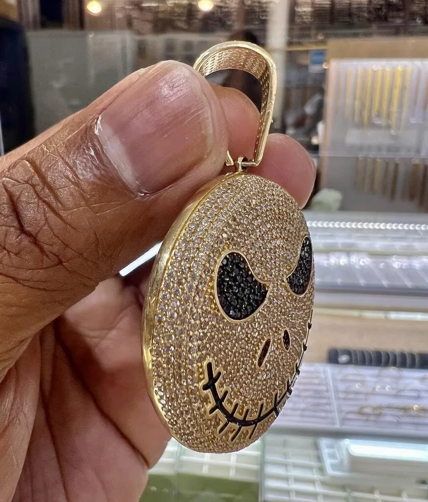 Round Cut CZ Jack Skellington Pendant For Men Unisex, Hip Hop Pendant 14k Yellow Gold Pendant, Halloween Pendant, Evil Face Iced Out Pendant