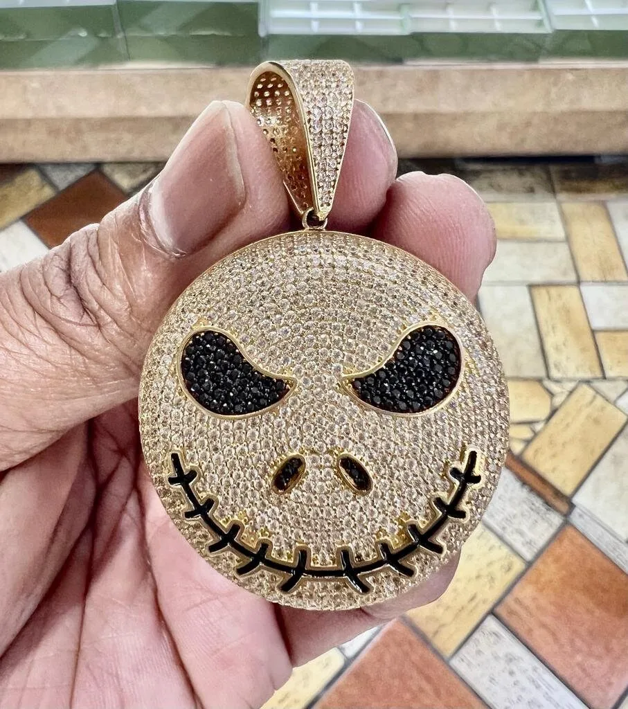 Round Cut CZ Jack Skellington Pendant For Men Unisex, Hip Hop Pendant 14k Yellow Gold Pendant, Halloween Pendant, Evil Face Iced Out Pendant