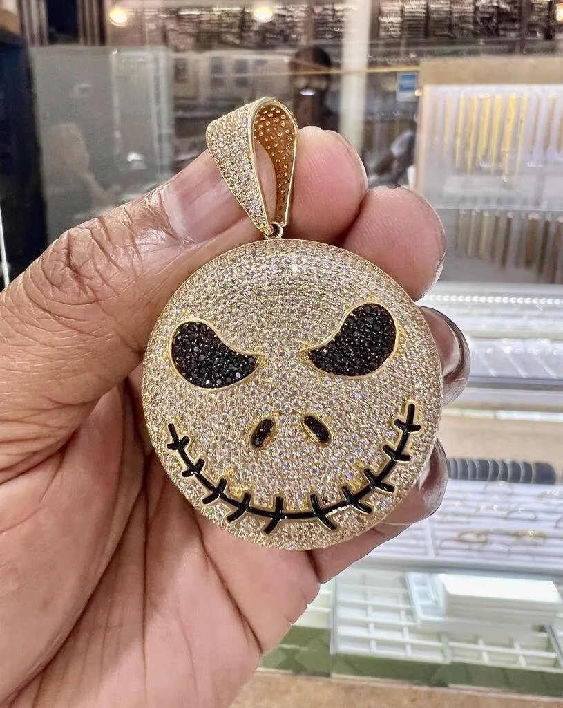 Round Cut CZ Jack Skellington Pendant For Men Unisex, Hip Hop Pendant 14k Yellow Gold Pendant, Halloween Pendant, Evil Face Iced Out Pendant