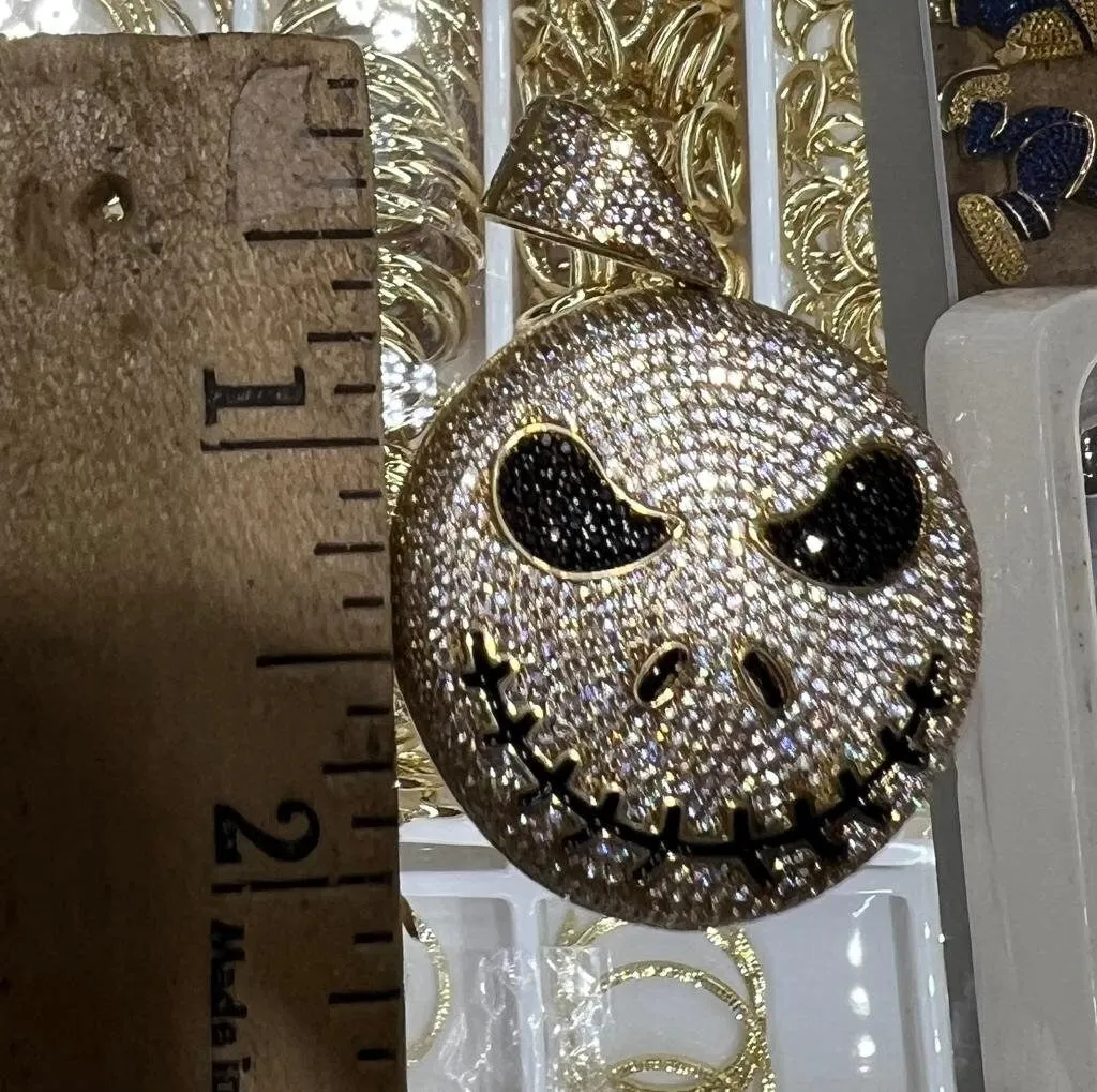 Round Cut CZ Jack Skellington Pendant For Men Unisex, Hip Hop Pendant 14k Yellow Gold Pendant, Halloween Pendant, Evil Face Iced Out Pendant
