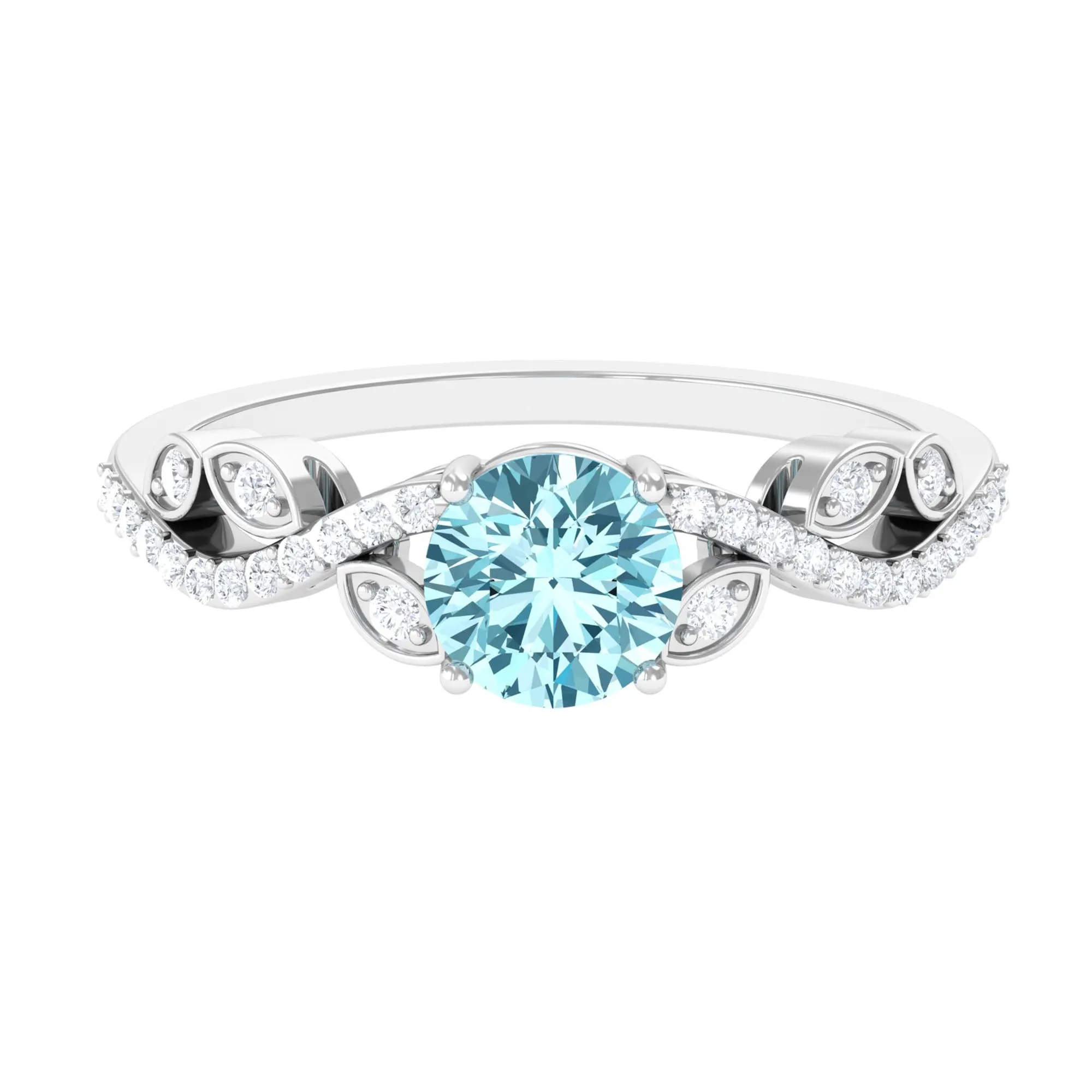 Round Shape Aquamarine Designer Engagement Ring with Diamond