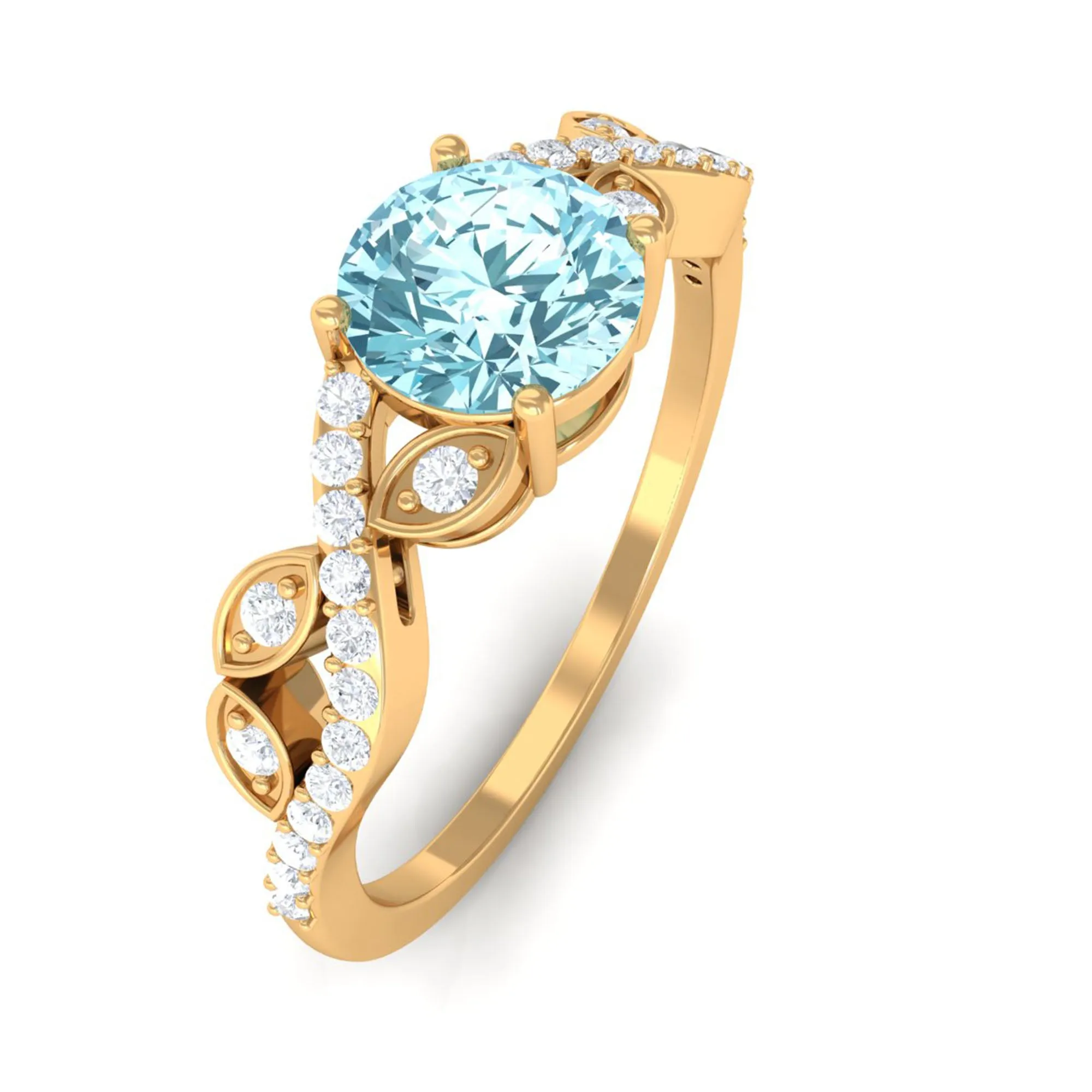 Round Shape Aquamarine Designer Engagement Ring with Diamond