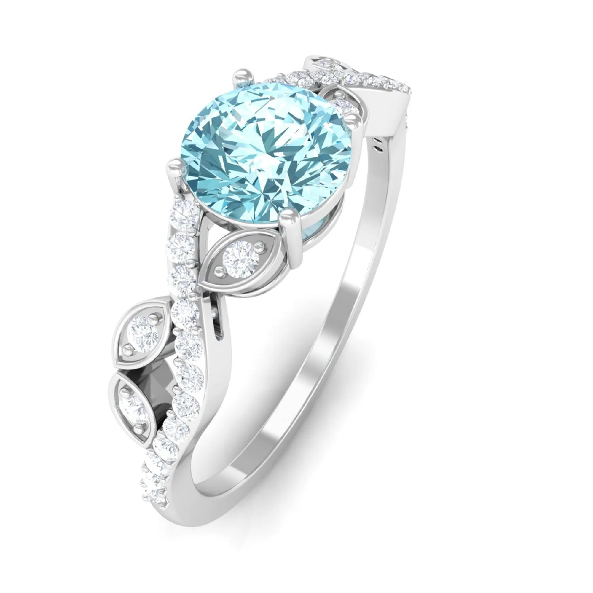 Round Shape Aquamarine Designer Engagement Ring with Diamond