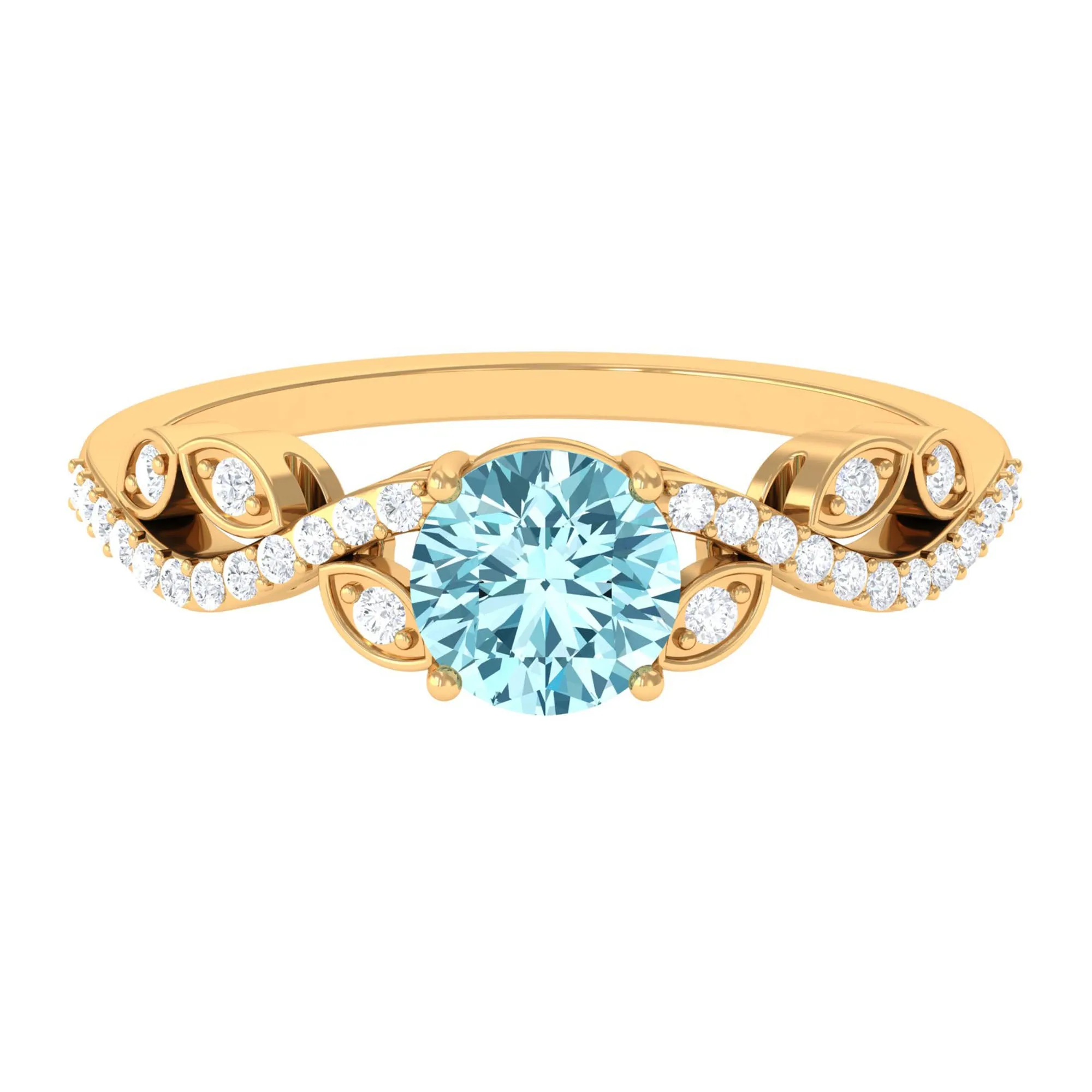 Round Shape Aquamarine Designer Engagement Ring with Diamond