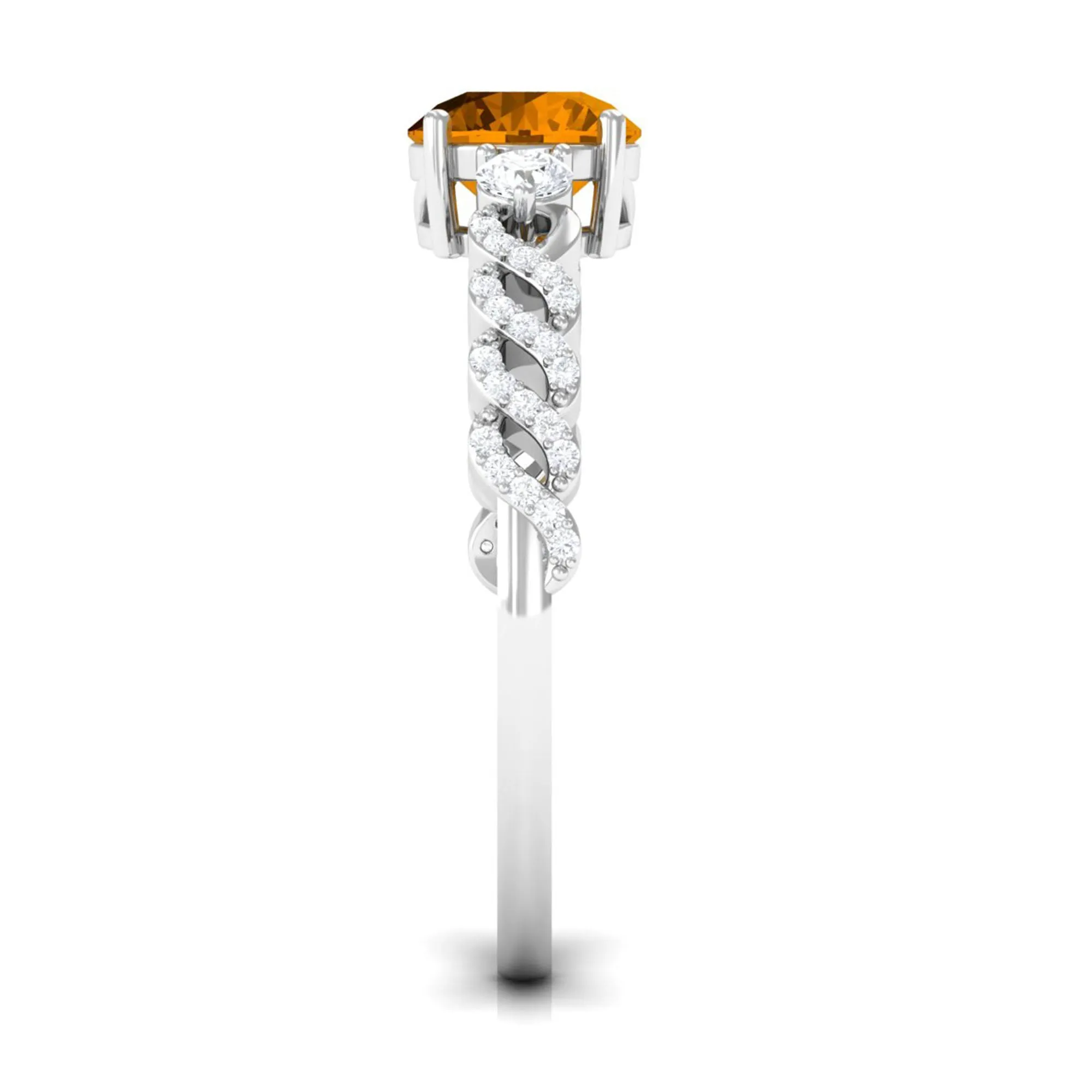 Round Shape Citrine Designer Engagement Ring with Diamond Side Stones