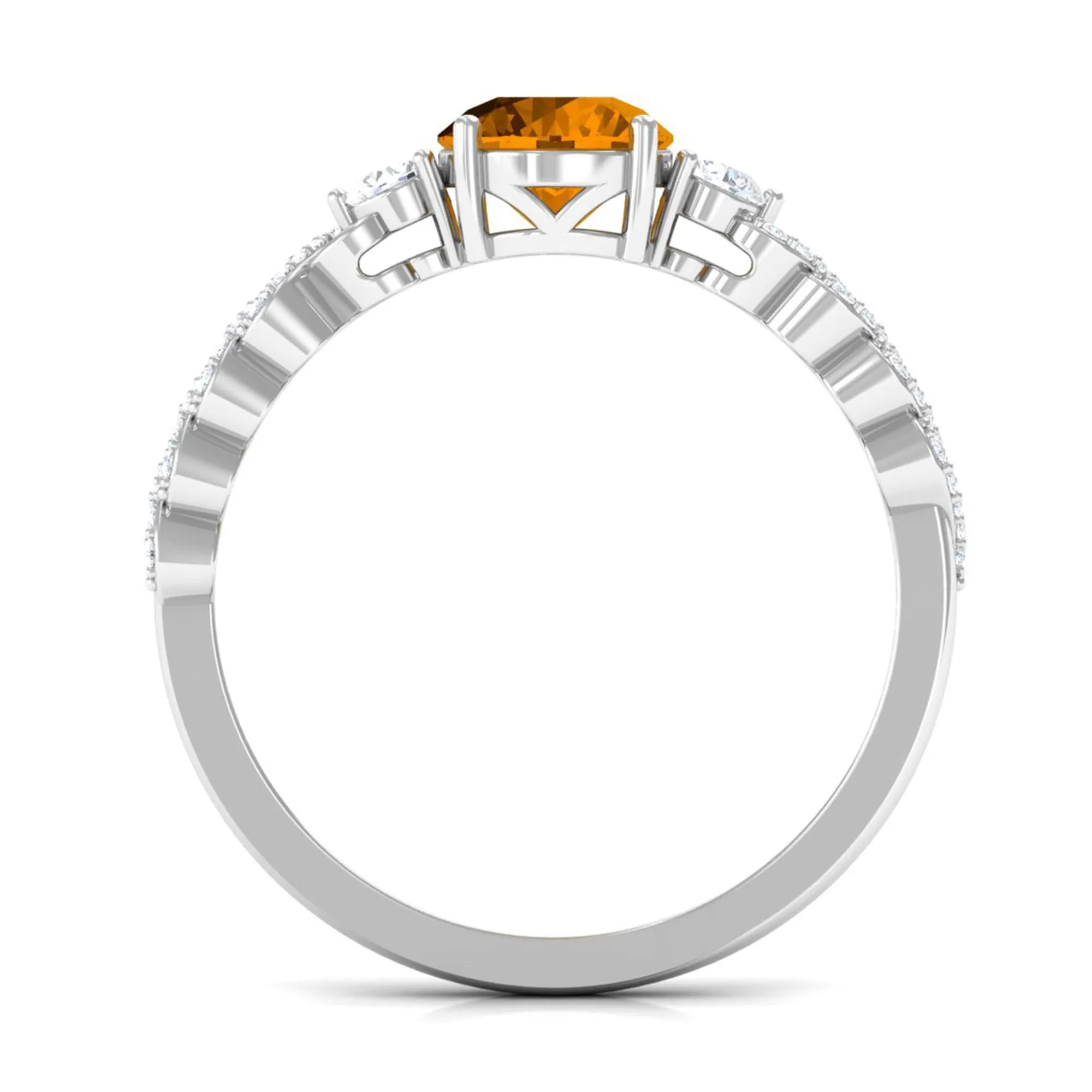 Round Shape Citrine Designer Engagement Ring with Diamond Side Stones
