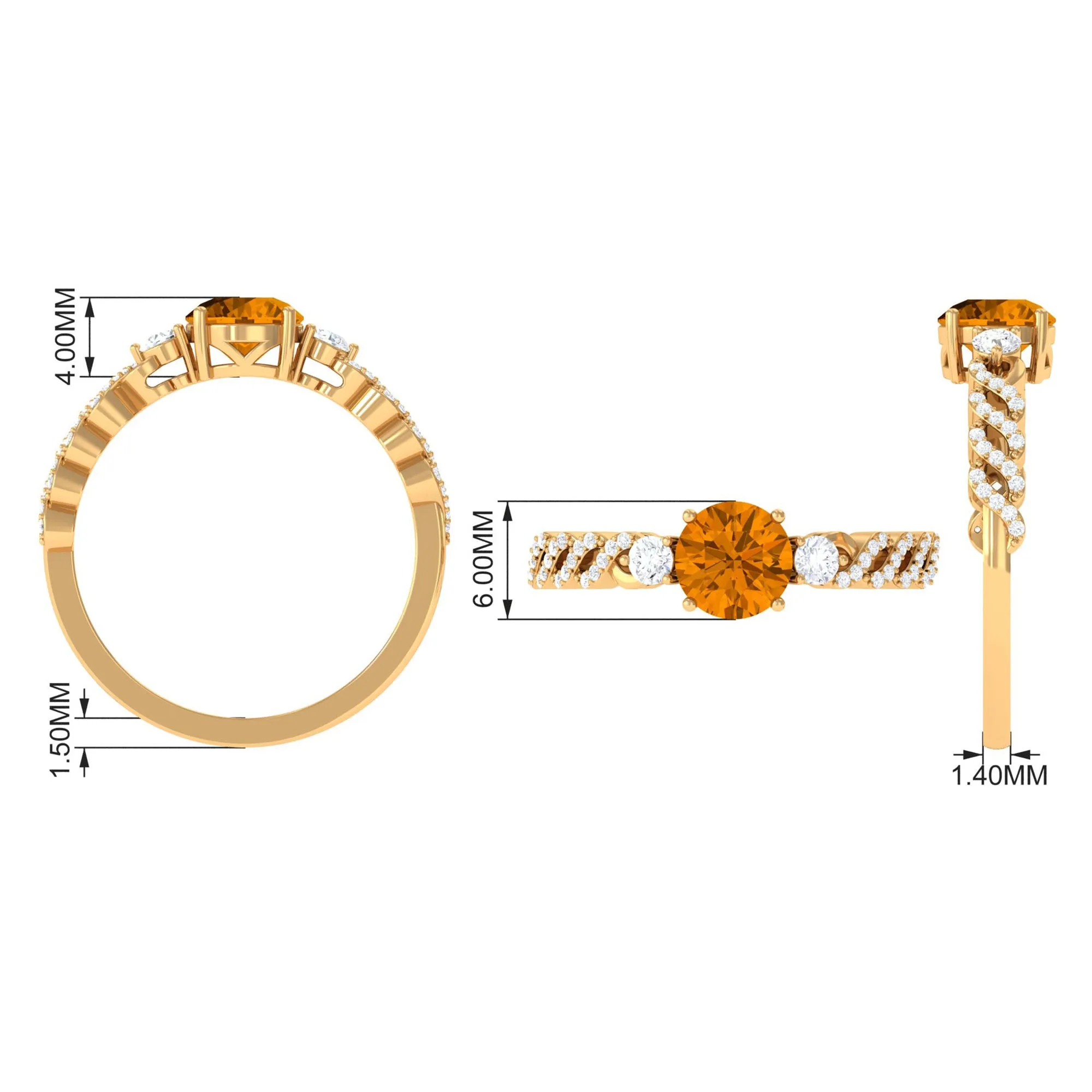 Round Shape Citrine Designer Engagement Ring with Diamond Side Stones