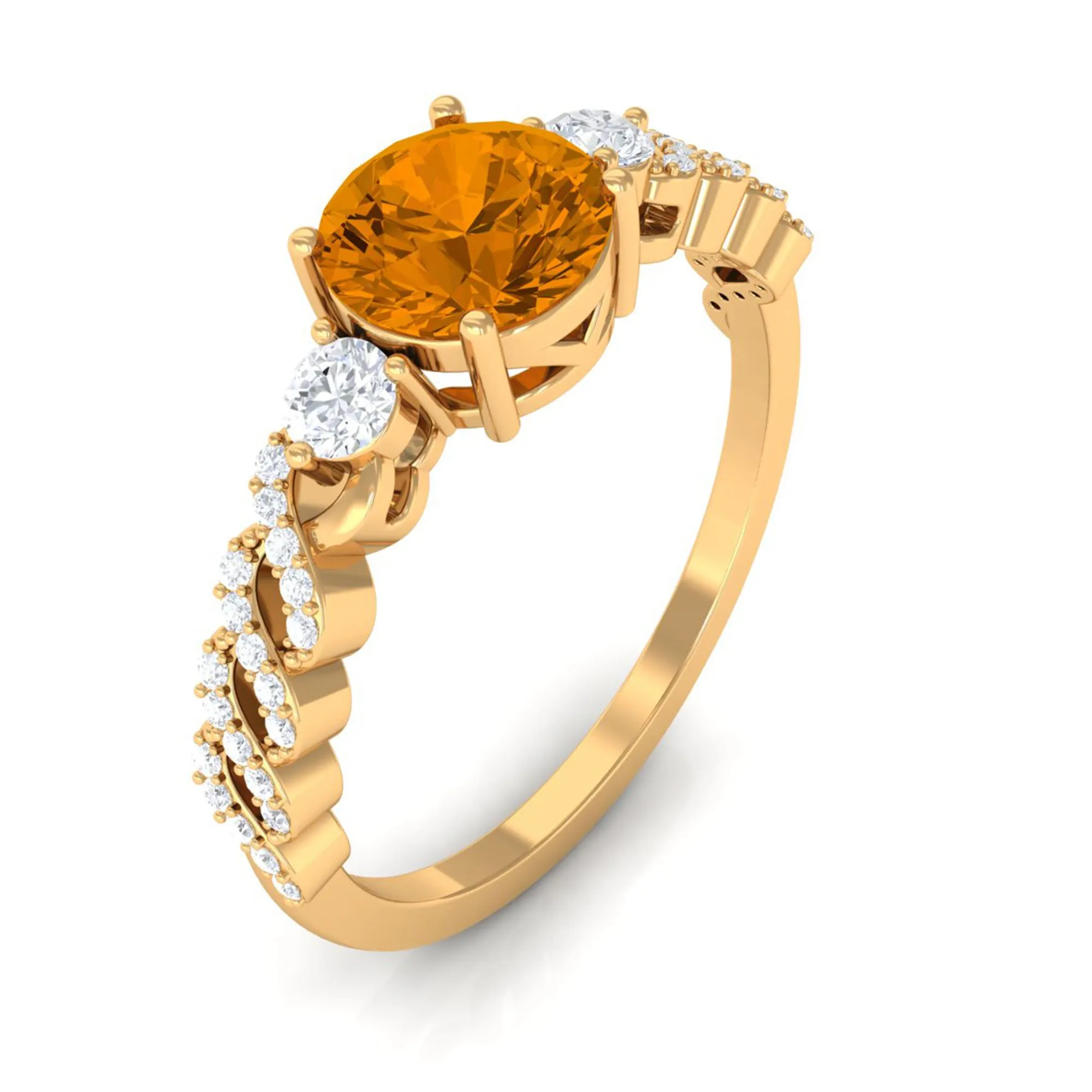 Round Shape Citrine Designer Engagement Ring with Diamond Side Stones