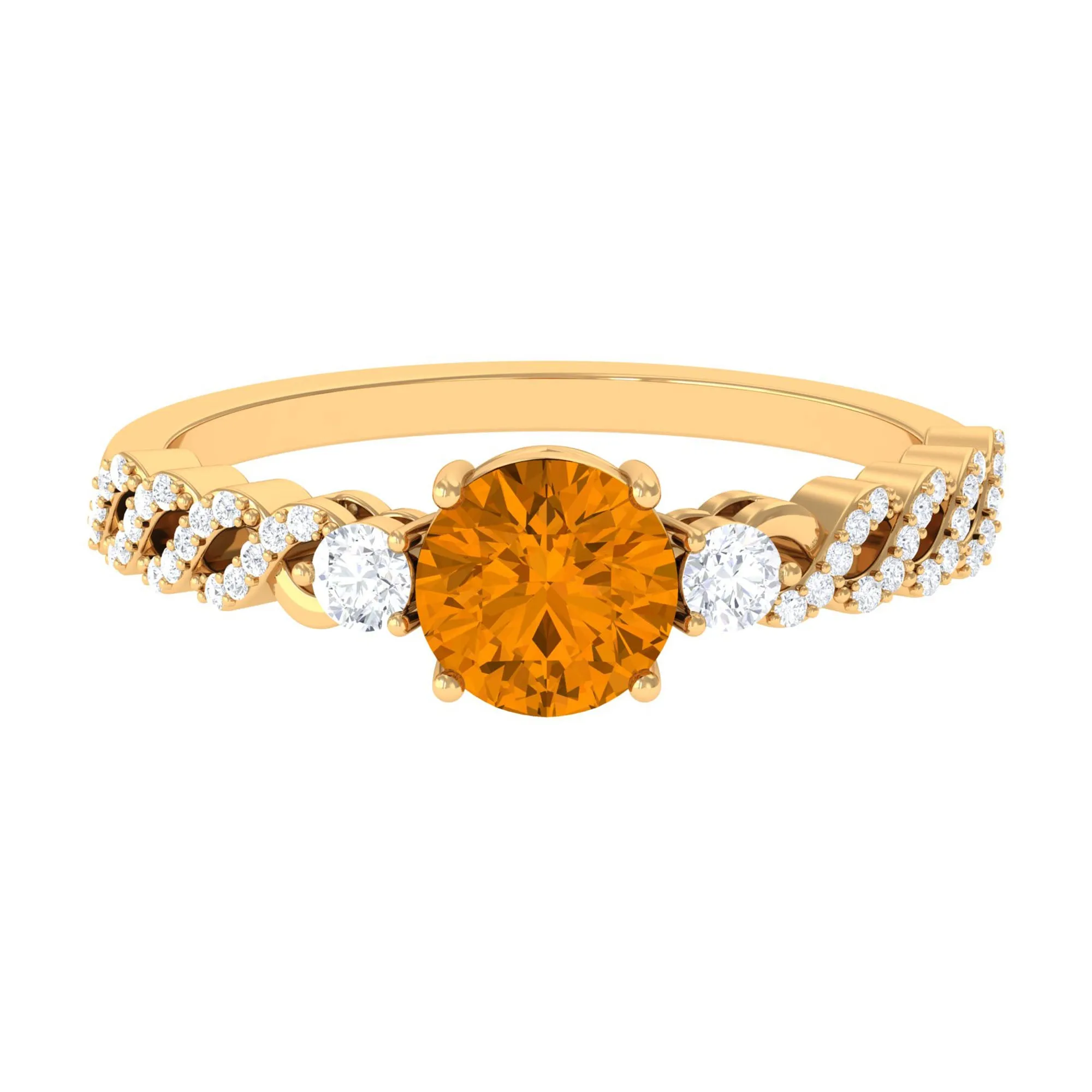 Round Shape Citrine Designer Engagement Ring with Diamond Side Stones