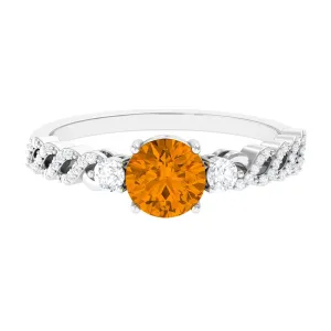 Round Shape Citrine Designer Engagement Ring with Diamond Side Stones