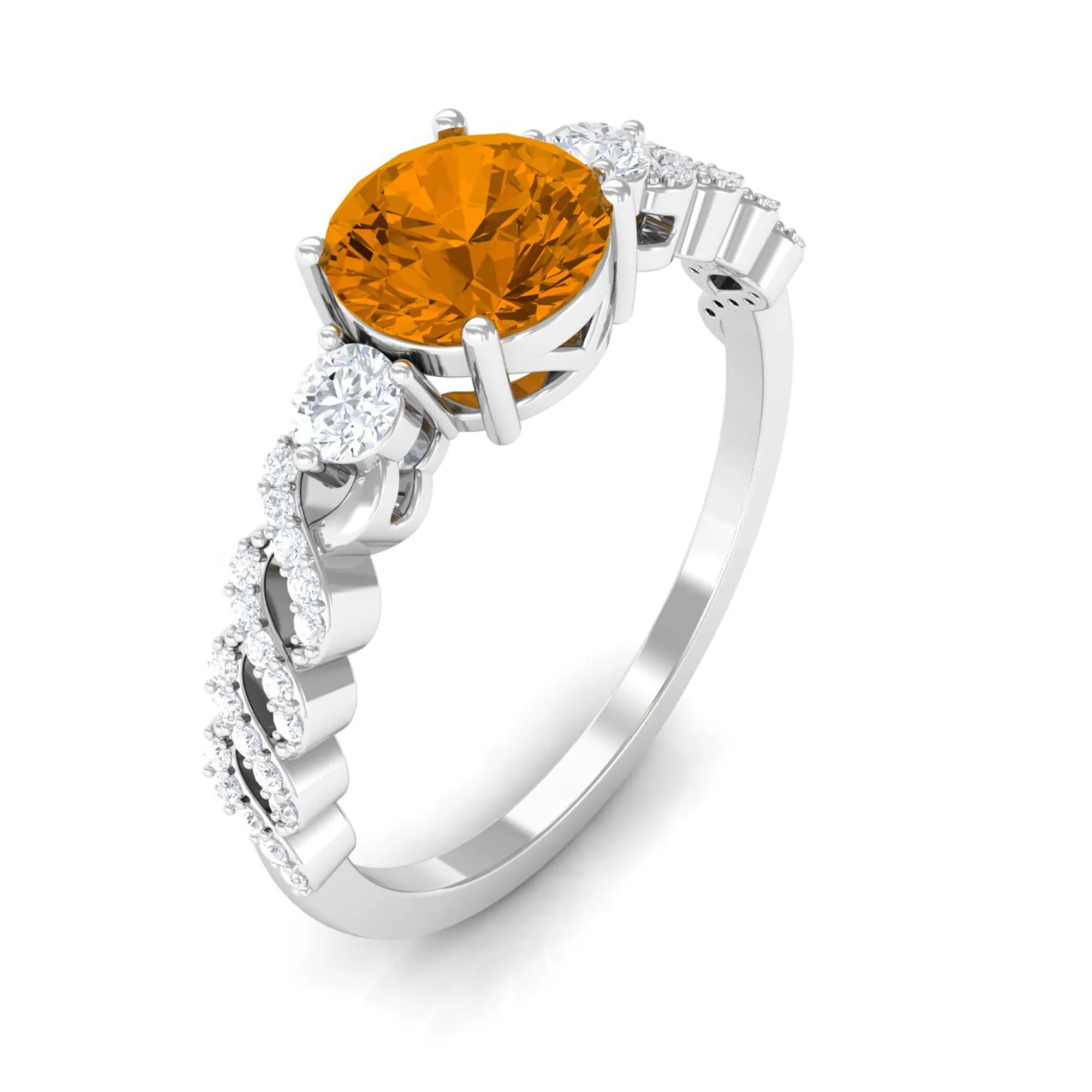 Round Shape Citrine Designer Engagement Ring with Diamond Side Stones