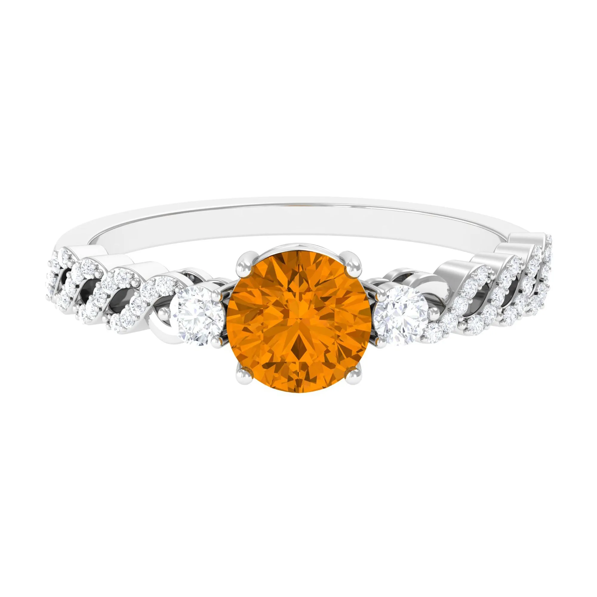 Round Shape Citrine Designer Engagement Ring with Diamond Side Stones