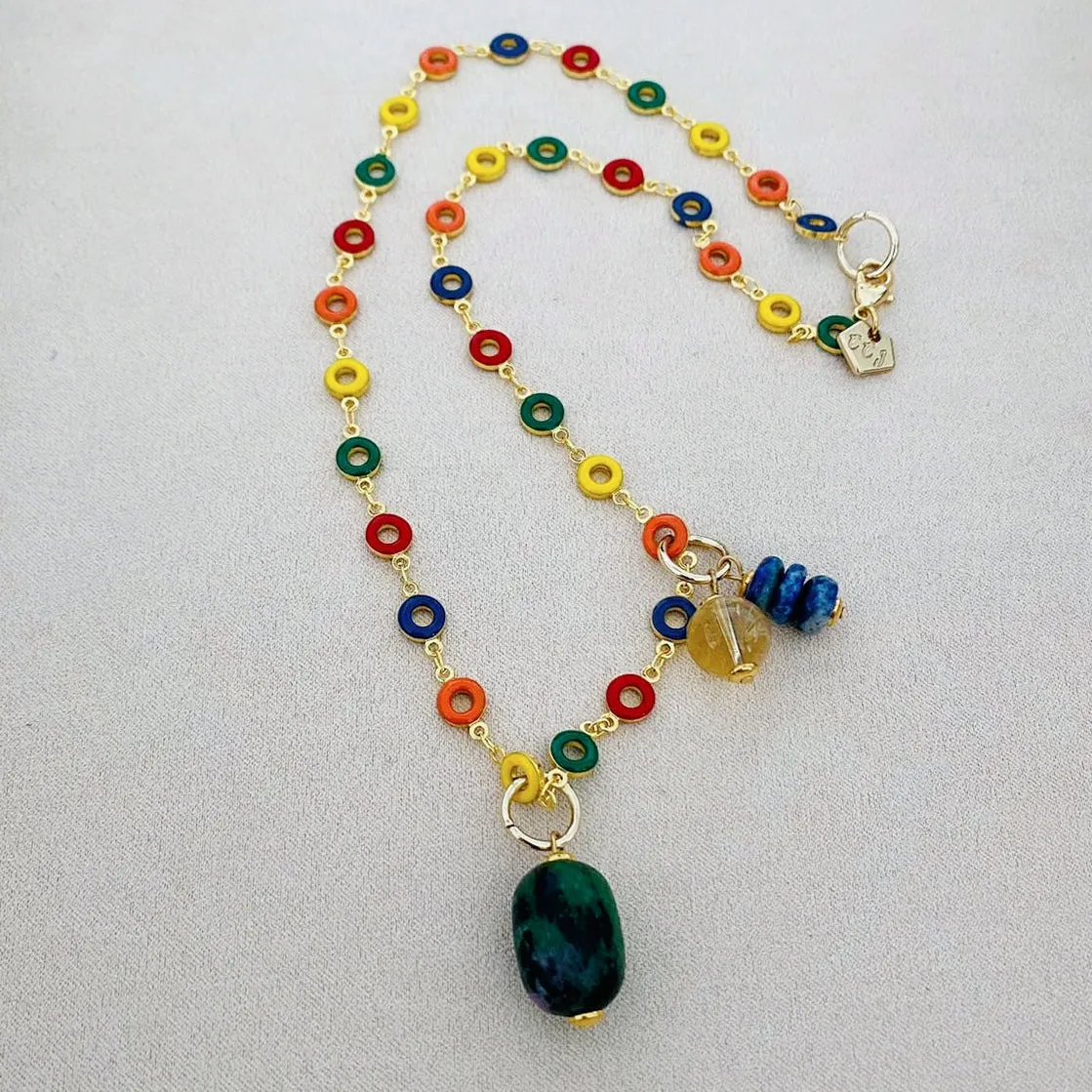 Ruby Zoisite, Citrine & Lapis Lazuli Necklace