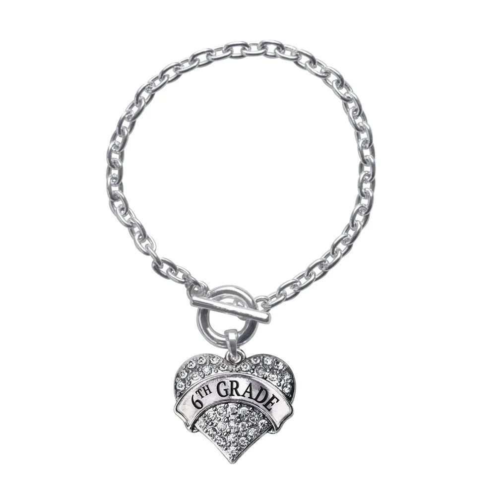 Silver 6th Grade Pave Heart Charm Toggle Bracelet